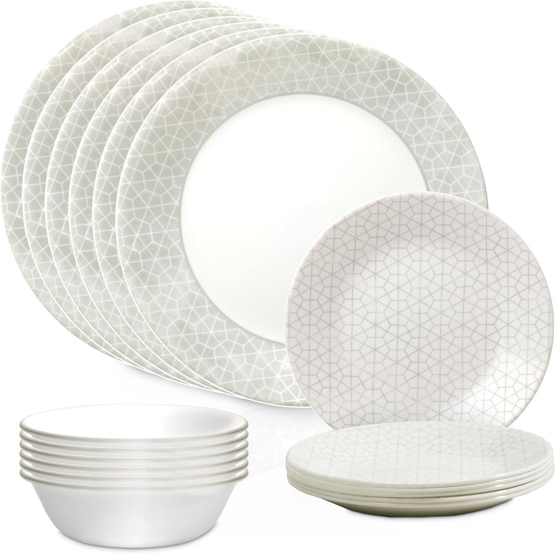 Corelle Vitrelle 18 Piece Glass Dinnerware Sets Service for 6, Triple Layer Chip & Crack Resistant Glass Plate and Bowl Sets, Knox