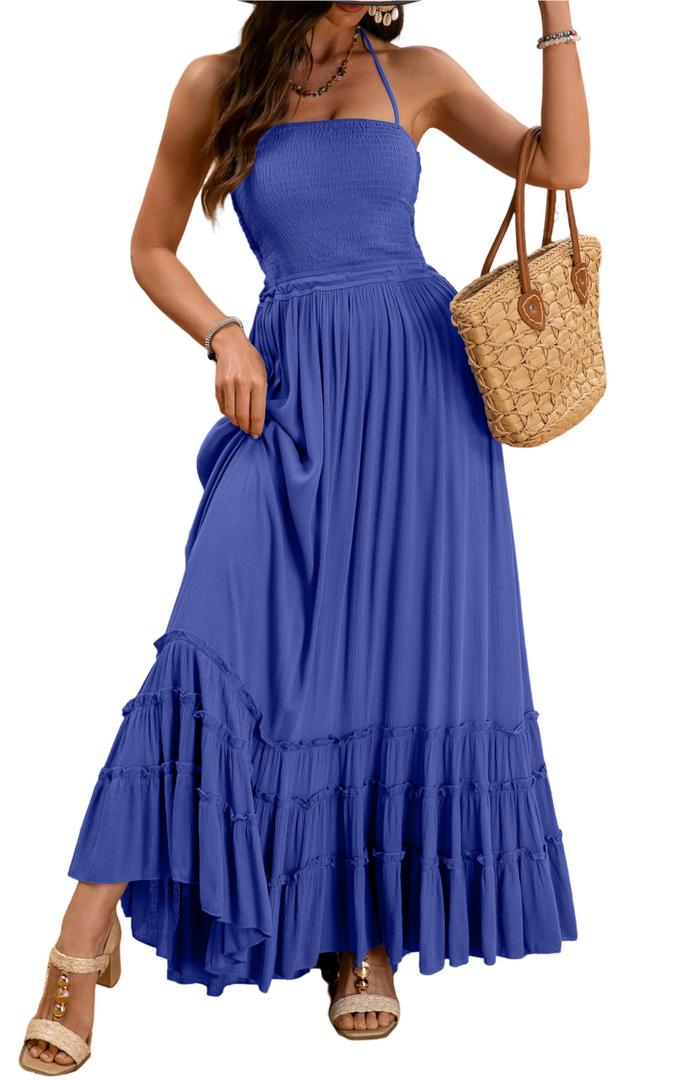 Womens Summer Boho Sexy Strappy Backless Halter Beach Long Dresses Straps Self Tie Tiered Flowy Casual Maxi Dress, Blue, Size M