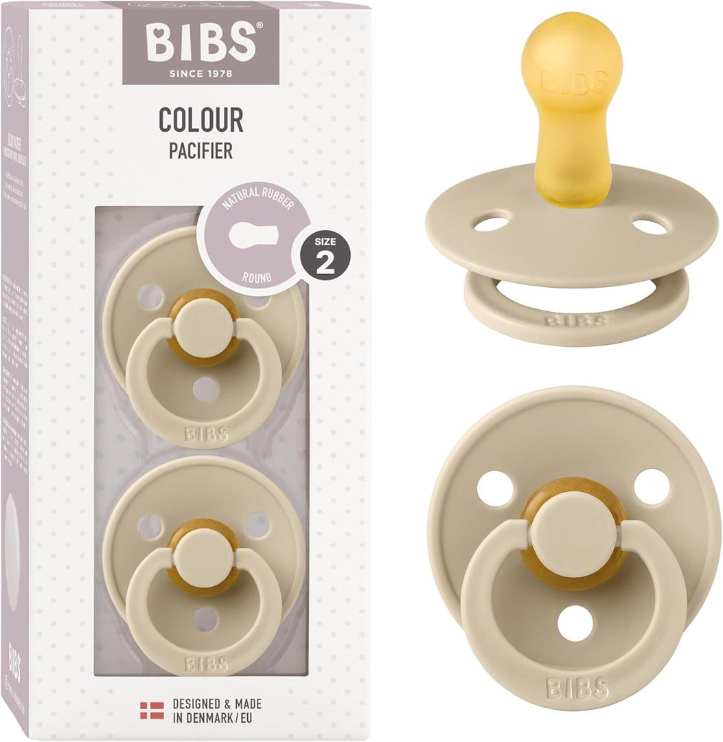 Bibs Colour Pacifier 2-Pack | BPA Free Soother, Round Nipple. Natural Rubber Latex, (Vanilla)