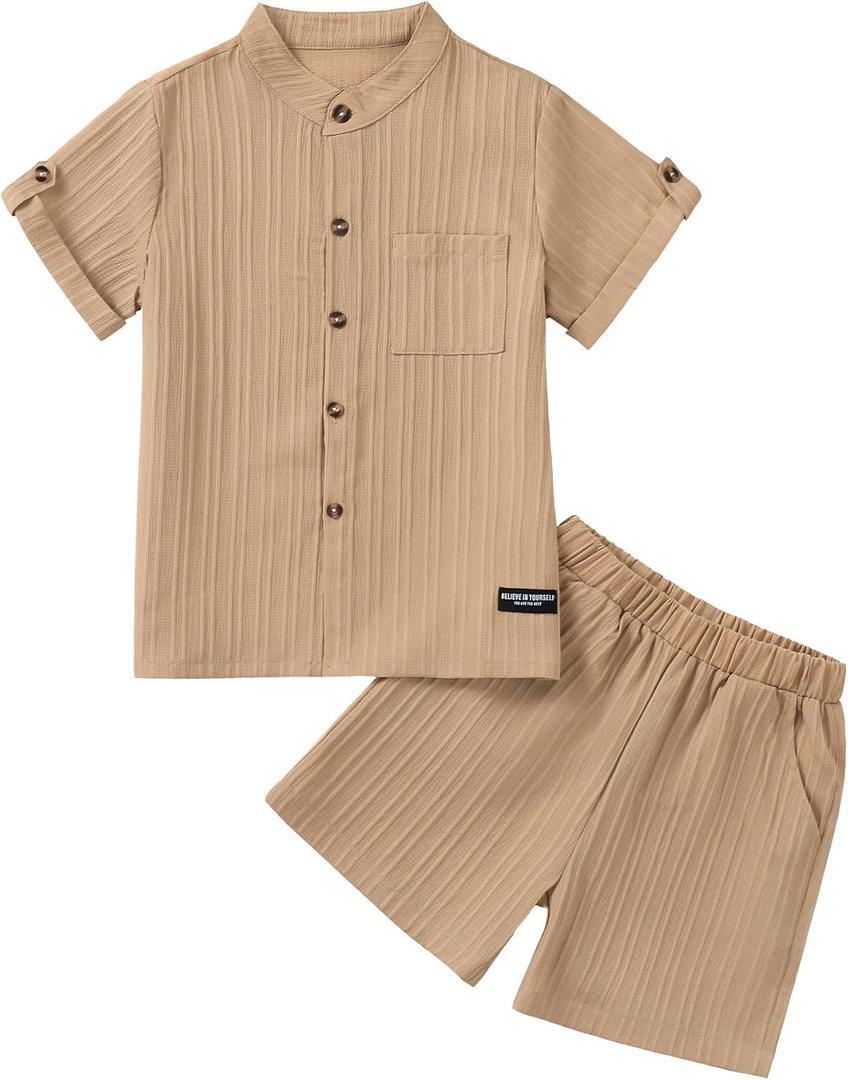 Boy Summer Outfits Textured Short Sleeve Button Down Shirt and Elastic Waist Short Sets Blue 13-14 Years (Beige)