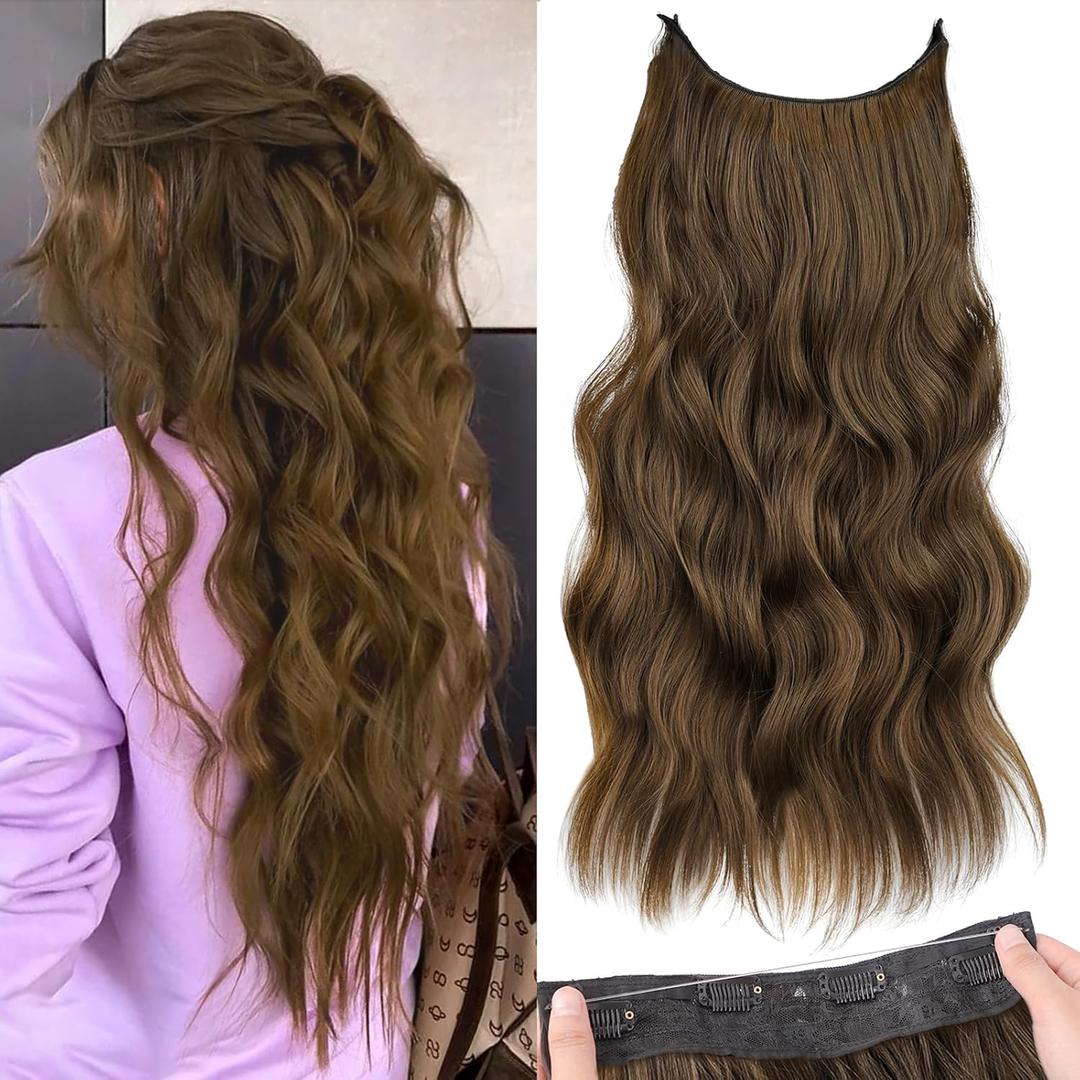 KooKaStyle Invisible Wire Hair Extensions with Transparent Headband Adjustable Size 4 Secure Clips Long Wavy Secret Wire Hairpiece 24 Inch for Women (24 Inch, Chestnut Brown)