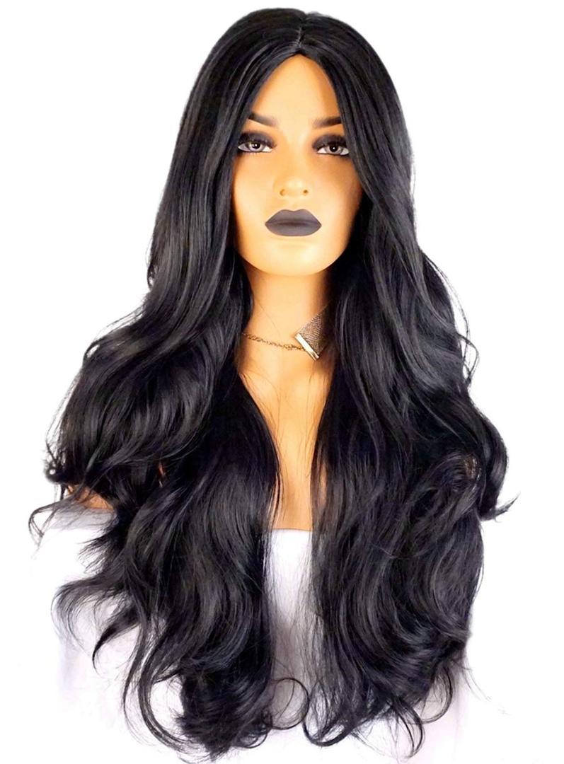 Long black straight Angel's Desire wig Costume 30 in wig Wavy Curly 29.5 inches Wigs Natural Black Heat Resistant Fiber Side Part Women Synthetic Hair witch wigs for women