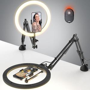 Upgrade Ring Light Overhead Phone Mount, 12”Circle LED Desk Ring Light with Clamp for Video Recording, Flexible Articulating Phone Arm Stand Compatible with iPhone, Live Streaming YouTube Tiktok
