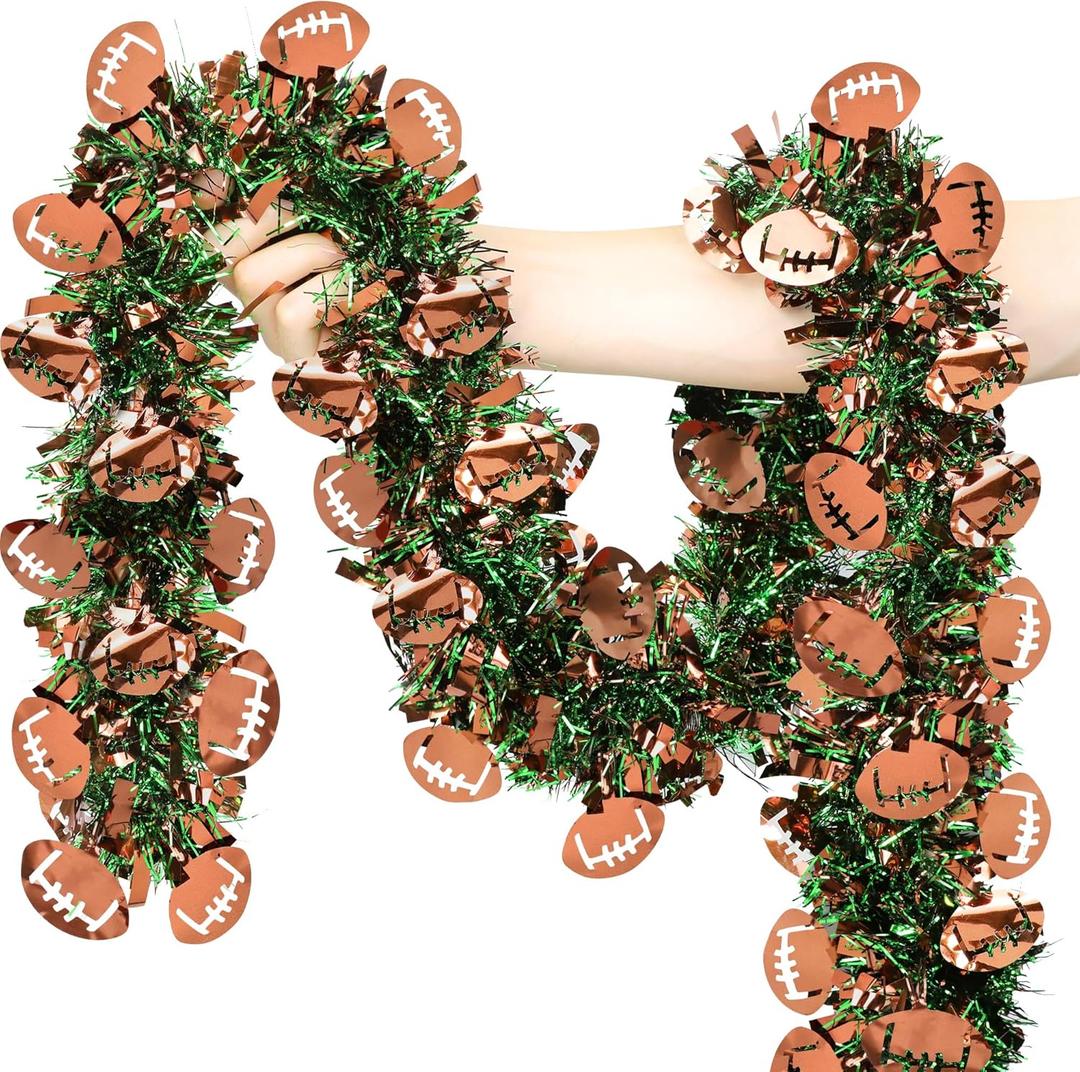 50 FT Football Party Decorations, Football Tinsel Garland Brown Green Shiny Metallic Twist Football Garland for Sports Game Home Tree Mantle Stairs Indoor Outdoor Football Party Decorations
