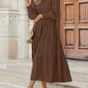 ZESICA Women's Casual Long Sleeve Crew Neck High Waist Smocked Flowy Tiered Midi Dress (Brown, L)