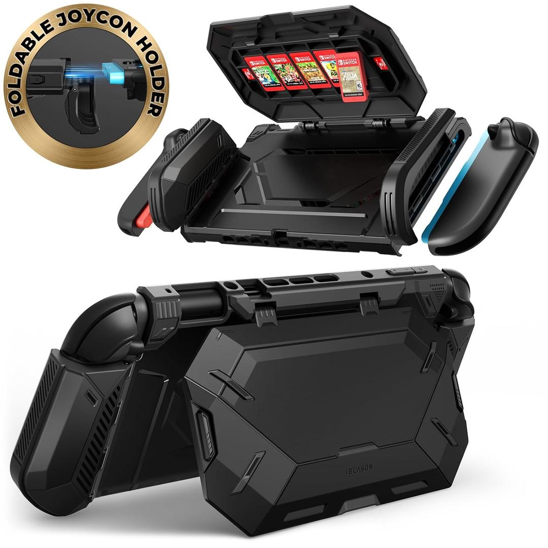 i-Blason Dockable for Nintendo Switch 2 Case with Stand [5 Game Card Storage] [Ergonomic Grip] [Foldable JoyCon Holder] Comfortable All-in-One Protective Bumper Grip Cover for Switch 2, Black