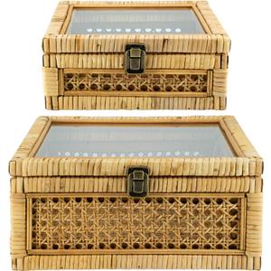 Rattan Square Box with Lid - Set of 2 Wicker Decorative Bins with Glass Cover for Display