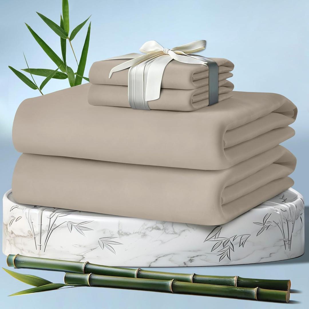 DECOLURE 100% Viscose Derived from Bamboo Sheets Full Size 4pcs - Ultra Soft & Luxuriously Cooling, 17" Deep Pocket, Double Stitching, Perfect for Hot Sleepers - Full Bed Sheets (Taupe)