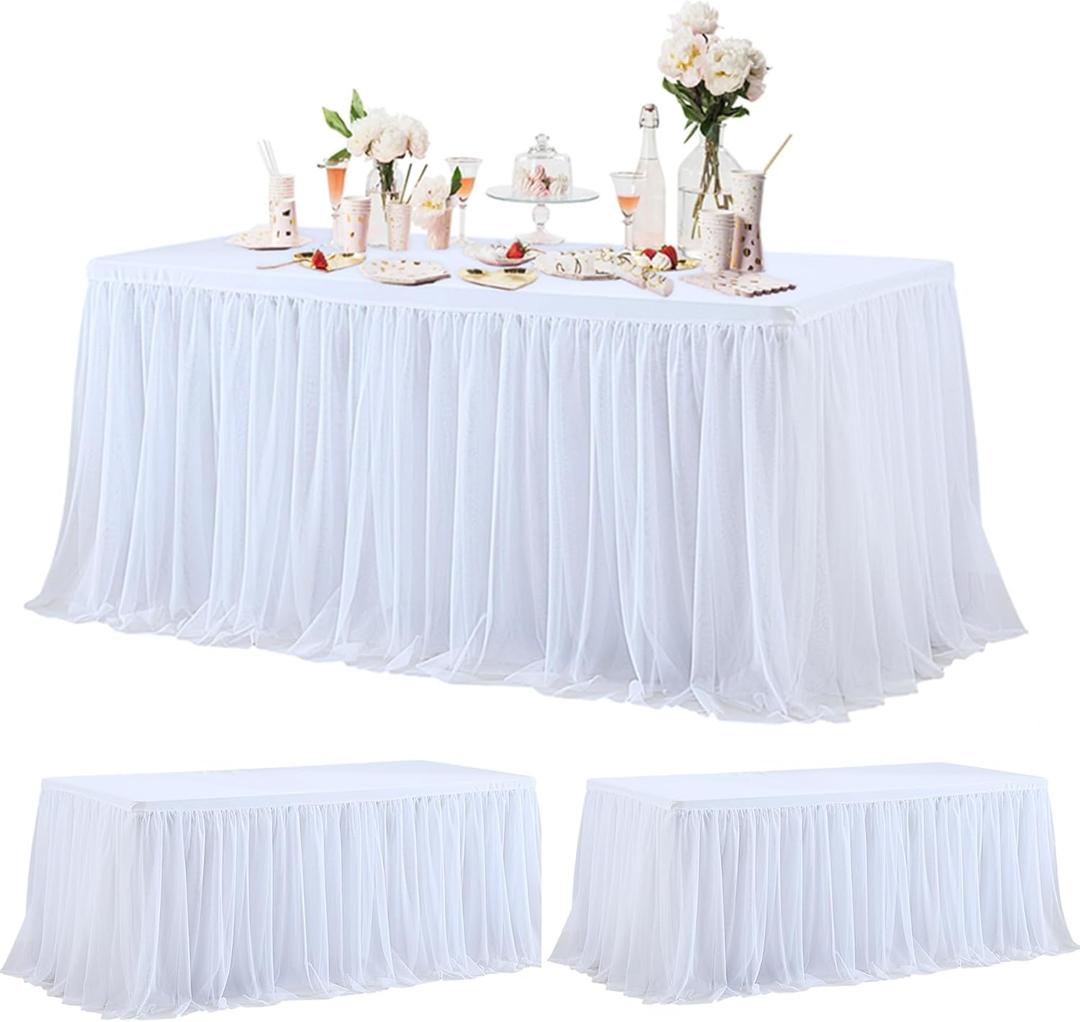2 Pack White Tablecloth with Tulle Table Skirt for 6 Foot Rectangle Tables Wedding Ruffle Tutu Table Skirt Stretch Fitted TableCover for Parties Birthdays Baby Shower Celebration Banquet