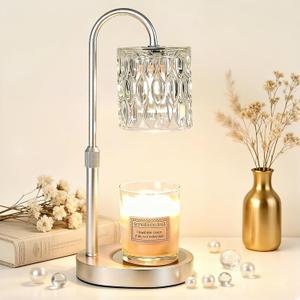 Dreamholder Electric Candle Warmer Lamp with Timer, Dimmable Candle Lamp with Adjustable Height, Wax Melter for Jar Candles Wood Base Floral Home Decor Gifts for Women Mom, Silver Glass