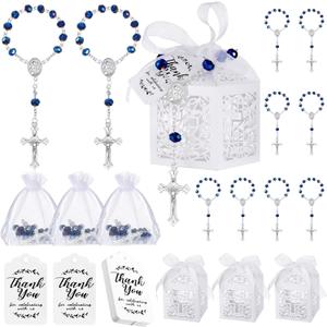 Yinkin 100 Pcs Baptism Favors Set Including 25 Mini Rosary Baptism Favors 25 Organza Bags with Drawstring 25 Thank Kraft Tags 25 Boxes for Christening Party Wedding Supplies Gifts (Blue)