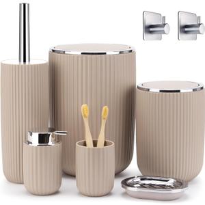 Boperzi Bathroom Accessory Set 8 PC: Bathroom Accessories Set with Trash Can, Lotion Dispenser, Soap Dish, Toothbrush Cup,Toilet Brush, Adhesive Hooks - Bathroom Decor Kit, Beige Bathroom Set Complete