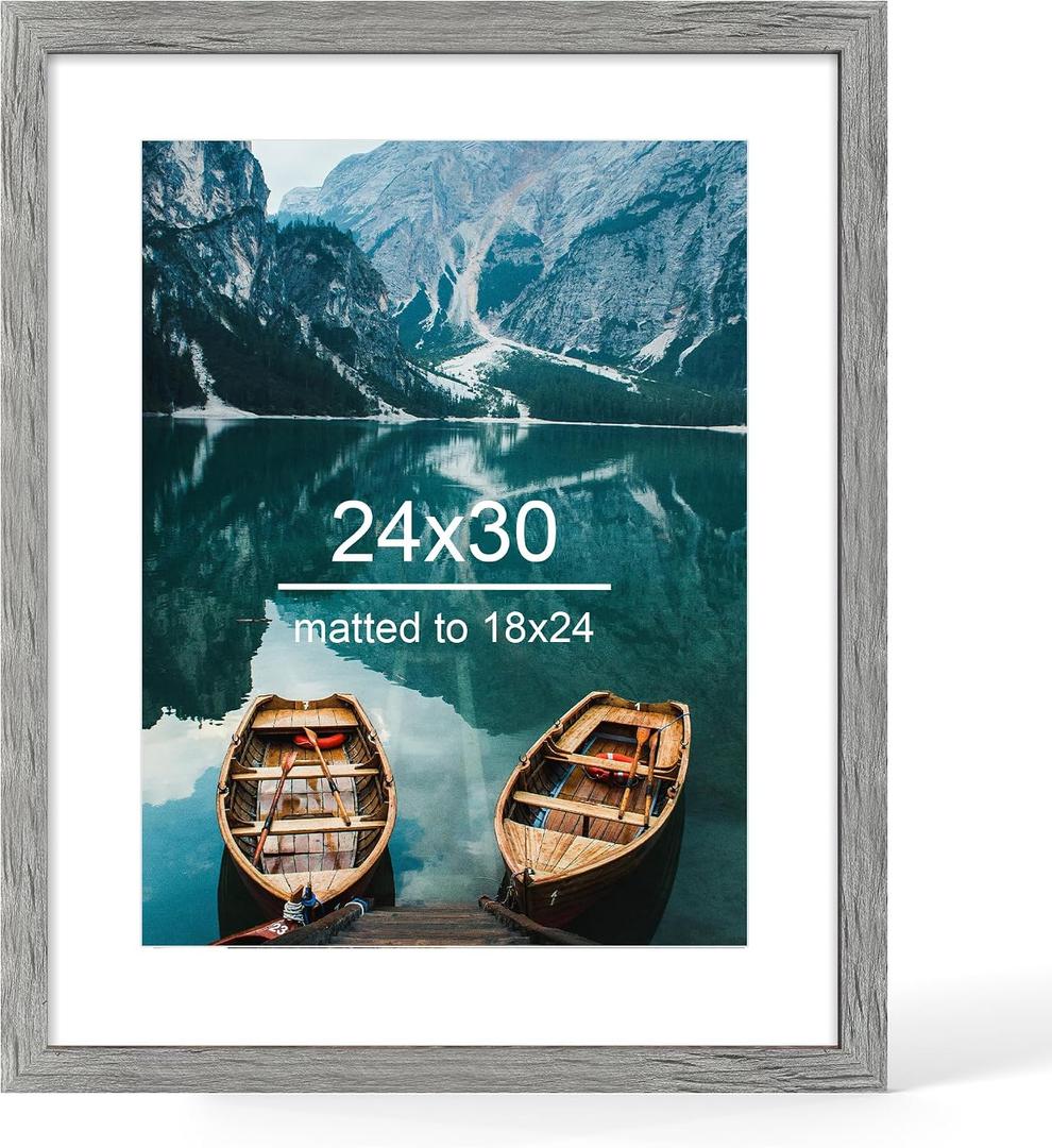 Hongkee 24x30 Frame Wooden Style, 1 Pack - Display 18x24 Posters with Mat | 24 x 30 Poster without Mat, Grey for Wall Mounting for Photos, Artwork; Fits Home, Office & Gallery Wall Decor