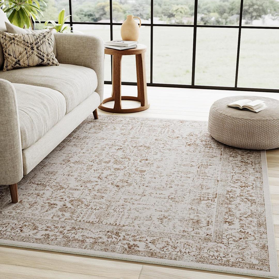 Light Brown Area Rug 3x5 Office Entryway Rug Machine Washable Kitchen Vintage Distressed Non Slip Carpet Indoor Retro Floral Accent Throw Door Mat for Bathroom Bedroom Dining Living Room