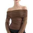 SUUKSESS Women Mesh Off The Shoulder Tops Sexy Going Out Ruched Foldover Shirt Summer Outfits (Brown, M)