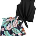 Arshiner Girl's 2 Piece Outfits Summer Tie Knot Tank Top and Paperbag Waist Pocketed Short Sets,160