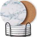 Hoewina 6Pcs Drink Coasters with Holder, Natural Style Ceramic Drink Coaster, Absorbent Coasters Set Suitable for Kinds of Cups, Modern Style Coasters for Coffee Table, 4 InchesStyle 6