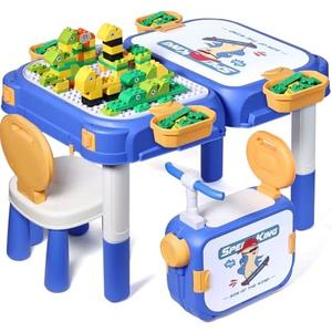 fygurso Toddler Table and Chair Set, Water/Sand Sensory Rideable Building Block Kids Table and Chairs with 90 Pcs Compatible Large Bricks, Activity Table with Storage, STEM Toys for Kids Ages 3+