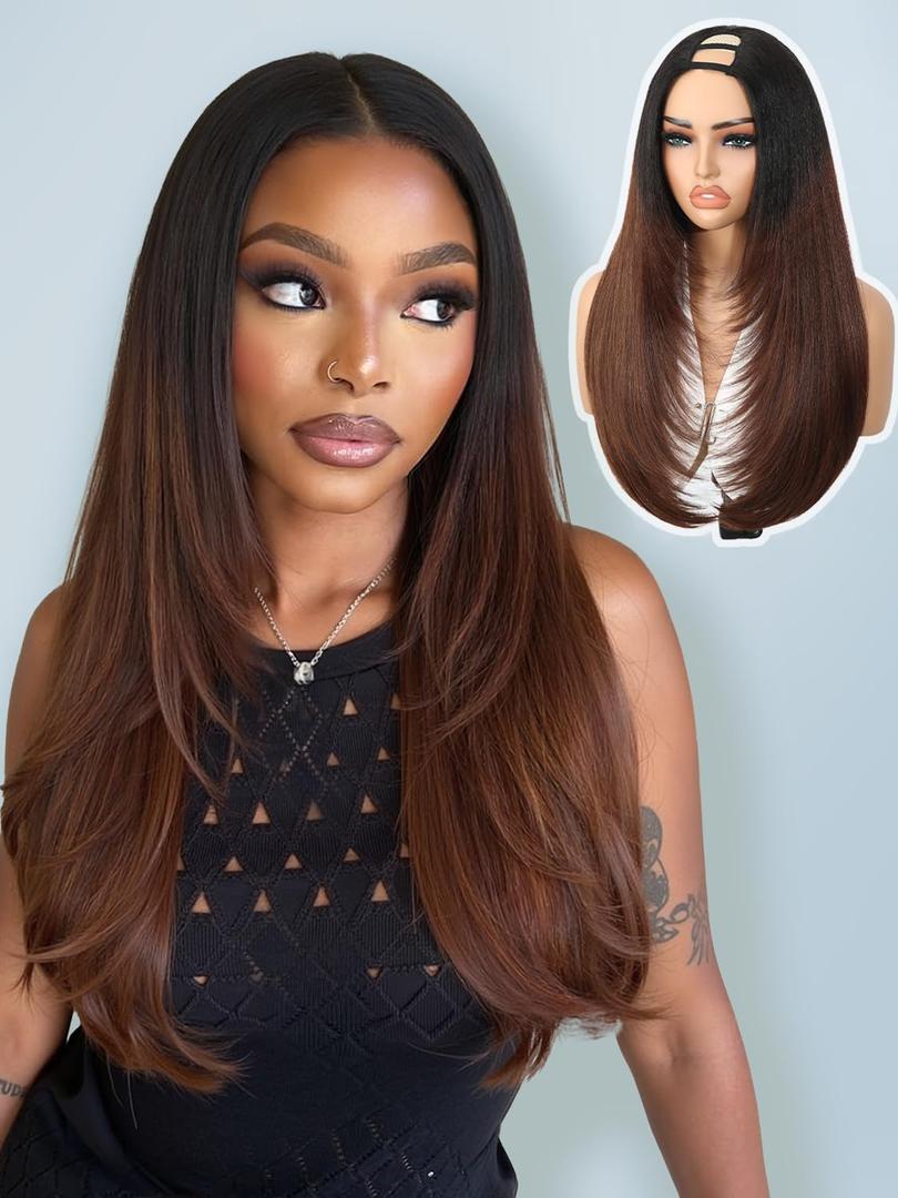 Quantum Love Brown Layered U Part Wigs V Part Yaki Straight Glueless Clip in Half Wigs for Women Realistic Natural Looking Heat Resistant Synthetic Hair(24inch,Black Brown)