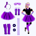 Joizomou Girls 80s Outfit Costume Accessories 7pcs 70s 1980s 90s Costumes with Purple Sparkle Tutu Neon Leg Warmers 80s Neon Scrunchies Gloves Necklace Glass for Cosplay Theme Party