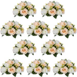 NUPTIO Artificial Flower Centerpieces for Tables: 10 Pcs Peachy Champagne & White Flower Ball Arrangement for Wedding Party - 9.5 Inch Diameter Floral Rose for Bridal Shower Decor
