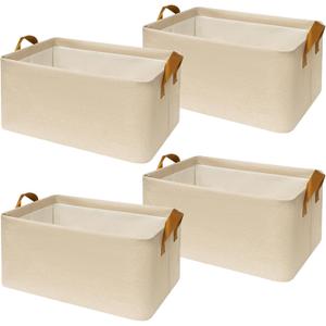SNWDN 4 Pack Closet Cloth Storage Bins for Shelves, Medium Storage Baskets for Shelves, Fabric Bins for Closet organization with Handles（ Beige 15''L x 10''W x 8''H）