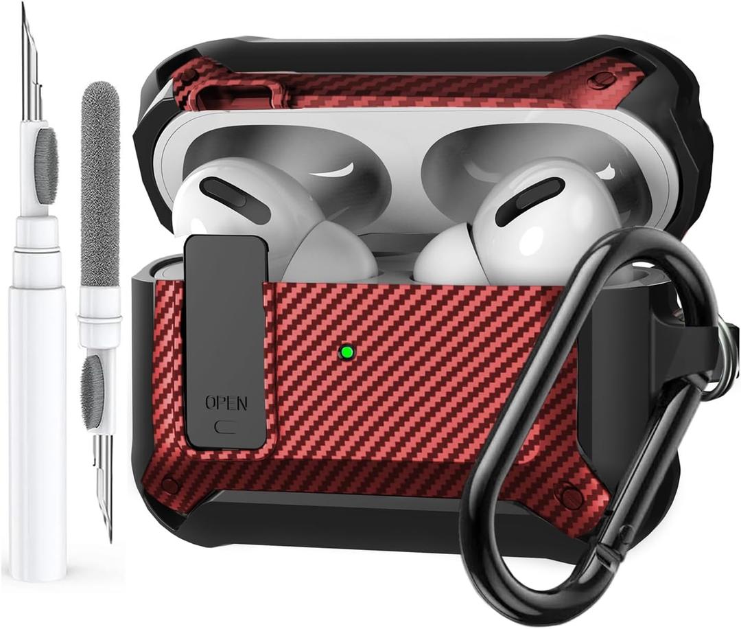 Olytop for Airpods Pro 2/1 Gen Case Cover with Lock Clip (2019/2022/2023), Rugged Locking Protective Case for Airpod Pro 2nd Generation Shockproof Armor Skin for Apple iPod Pro, Black/Red