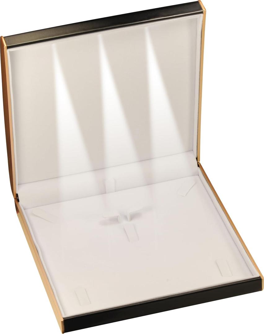LED Black Extra Large Necklace Pendant Earrings Ring Bracelet Box Luxury PU Leather Dome Top Designed with Gold Color Painted on the Sides Big Jewelry Sets Gift Holder Box with Light for Men for Women