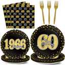 96PCS 60th Theme Birthday Party Tableware Vintage 1966 Party Supplies 60 Year Old Birthday Party Decorations Plates Napkins Forks Black and Gold Dinnerware Favors for Men or Women