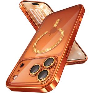 Magnetic for iPhone 17 Pro Max Case with Glitter Integrated Lens Protection, [Glossy Bumper & Shiny Magnetic Ring] [Compatible with Magsafe] Cute Women Girly Case for iPhone 17 Pro Max Cosmic Orange
