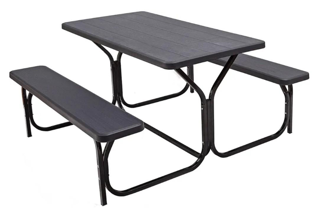 Giantex Picnic Bench Set Outdoor Camping All Weather Metal Base Wood-Like Texture Backyard Poolside Dining Party Garden Lawn Deck Large Picnic Tables for Adult (Black)
