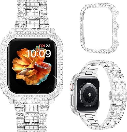 Mosonio Compatible with Bling Apple Watch Band Women 40mm with Shiny Metal Case, Full Sparking Luxury Diamond Bands and Cover Set, Charming Wedding Strap for iWatch SE Series 6/5/4/SE Mosonio Compatible with Bling Apple Watch Band Women 40mm with Shiny Metal Case, Full Sparking Luxury Diamond Bands and Cover Set, Charming Wedding Strap for iWatch SE Series 6/5/4/SE
