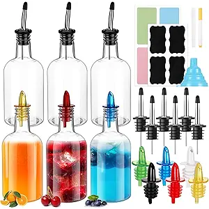 Maxcheck 6 Set 16 oz Plastic Long Neck Bottles with Rainbow Pourer and Caps Plastic Juice Pour Bottles with Stainless Steel Pourer Tapered Spout Syrup Pourers for Liquor Juice Store