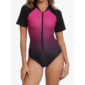 Halcurt Women's Short Sleeve One Piece Rash Guard Swimsuit Zip Front UPF50+ Surfing Athletic Bathing Suit,L
