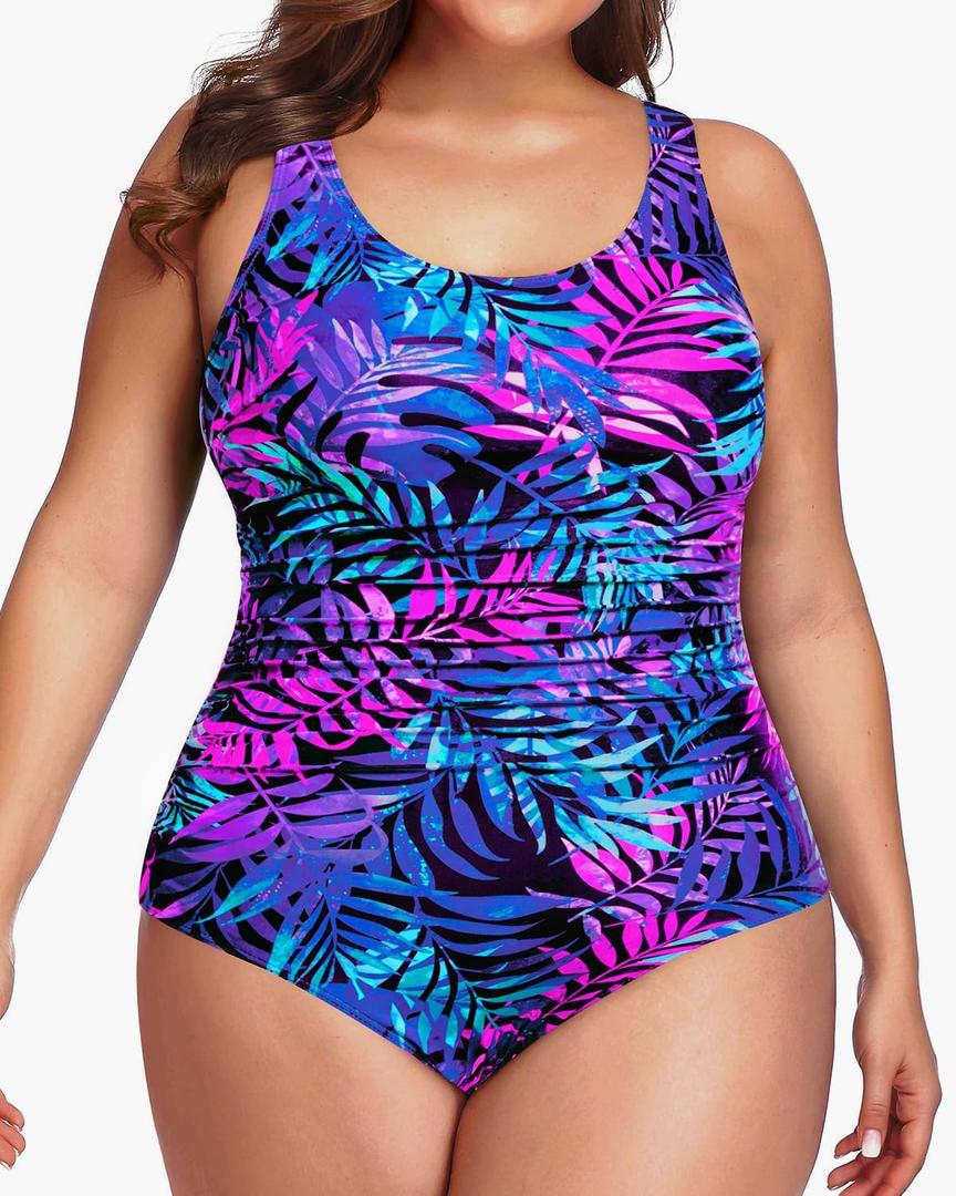 Daci Women Plus Size One Piece Swimsuit Athletic Tummy Control Ruched Bathing Suit with U-Back 20W