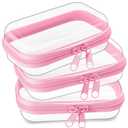 Hoolerry 3 Pcs Clear Hard Zipper Case Plastic Pouch Transparent Hard Case Clear Makeup Bag Portable Travel Organizer Bin for Cosmetics, Building Blocks, Puzzles(Pink,Xs)