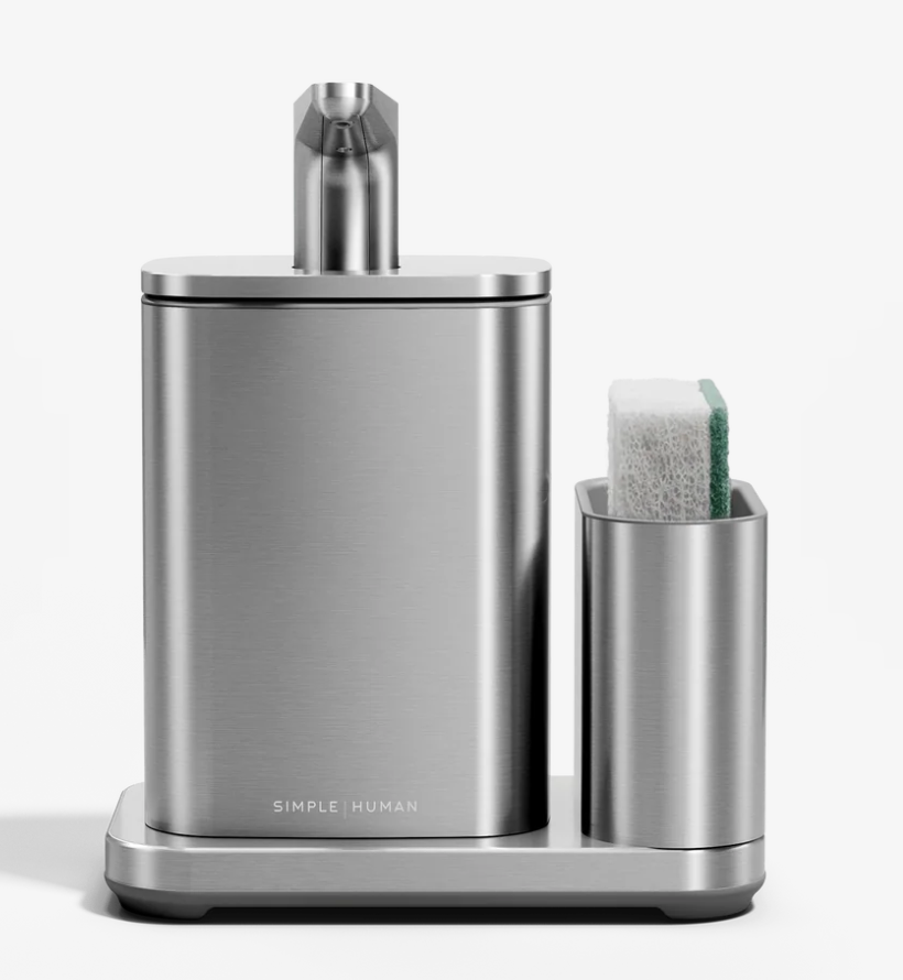 simplehuman Pulse Pump, 16 oz. with Caddy, Premium Soap Dispenser for Kitchen and Bathroom, Drip and Clog Free Valve, Mess-Free Wide Refill, Magnetic Caddy for Sponge, Brushed Stainless Steel