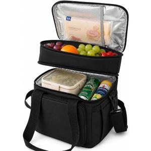 Double Deck Lunch Bag for Men Women - 18L Insulated Cooler Bag, Leakproof PEVA Lined, Large Soft Adult Lunch Box for Work, Office, Picnic, Beach, Camping, Travel (Black)