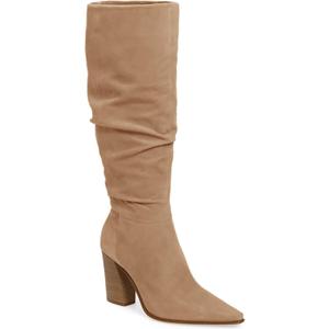 PiePieBuy Womens Faux Suede Knee High Boots Pointed Toe High Chunky Heel Side Zipper Party Dress Booties (8.5, Khaki)