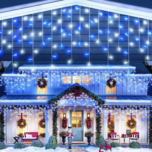 99ft Blue and White Christmas Lights, 1216 LED Icicle Lights for Outside House Clear Wire Twinkle Light with 8 Modes Timer Waterproof for Window Party Tree Holiday Patio Yard Home Decor
