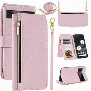 Luxury Wallet Case for Google Pixel 7 Pro 5G with Wrist Strap Shoulder Strap Slim Flip Zipper Purse PU Leather Card Holder Stand Cell Phone Cover for Pixel7Pro Pixel7 XL Seven 7Pro 6.7 Pink