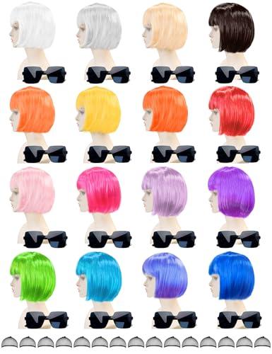 MIUSKATL 16 Pack Colored Bob Wigs with Bangs, Colorful Wigs with Sunglasses Bulk, Neon Party Fun Hair Wig for Women Costume Cosplay (Multicolor)