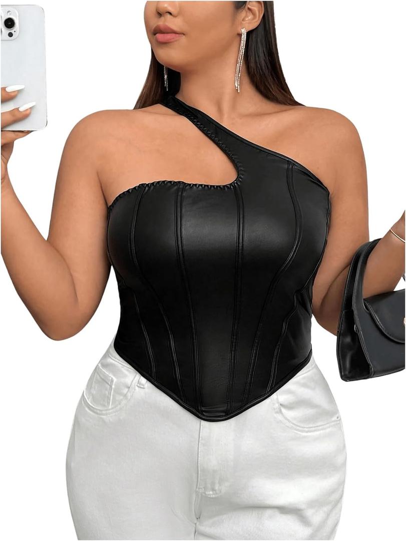 Floerns Women's Plus Size PU Leather Sleeveless Cut Out One Shoulder Crop Tank Tops (XX-Large Plus, Black)