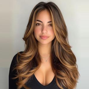 Aisaide Highlight Honey Brown Long Wavy Wig Layered with Curtain Bangs for Black Women Synthetic Highlight Brown Layered Wig Long Wavy Blonde Shaggy for Women 24inch