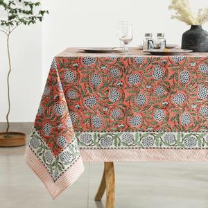 Labhanshi Indian Block Print Pre-Washed Cotton Floral 72x108 Inch Rectangle 8-Seater Table Cloth|Kitchen Dining Table Top Cover|Boho French Country Style Mother's Day Decor|Dark Salmon Pink