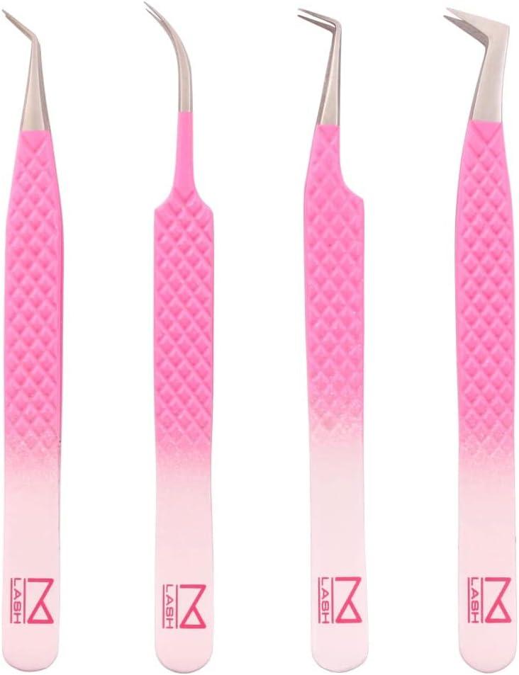 M LASH Tweezers for Eyelash Extensions (Set of 4) - Professional Lash Extension Tweezers - Fiber Tip, Japanese Steel, Diamond Grip Eyelash Extension Tweezer set (Ombre)