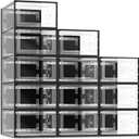 SEE SPRING 12 Pack Shoe Storage Box, Clear Plastic Stackable Shoe Organizer for Closet, Space Saving Shoe Rack for Entryway Sneaker Container Bin Holder (Black) (Large Fit Size 9)