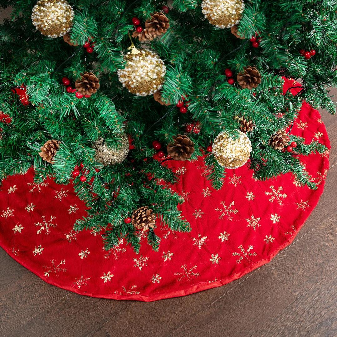 Mr. Pen Christmas Tree Skirt 36 inches, Red Faux Fur Christmas Tree Skirts with Gold Snowflakes