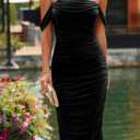 PRETTYGARDEN Summer Wedding Guest Dresses for Women 2026 Off the Shoulder Ruched Bodycon Spring Midi Cocktail Party Dress (Black, S)
