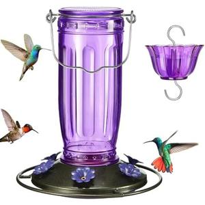 Kingsyard Glass Hummingbird Feeder for Outdoors Wild Bird Feeder with 6 Feeding Ports Hanging for Garden Yard, Purple (Ant Moat Included)